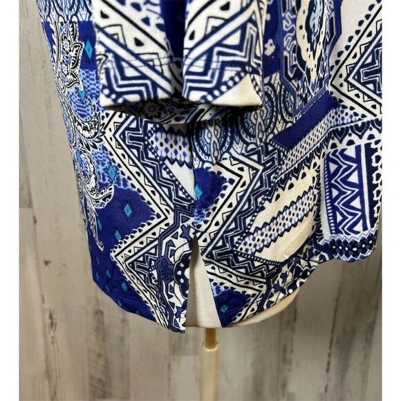 Chico’s Blue Paisley Tunic Top Size 1 M Boho Patchwork 3/4‎ Sleeve Travelers - Picture 5 of 9